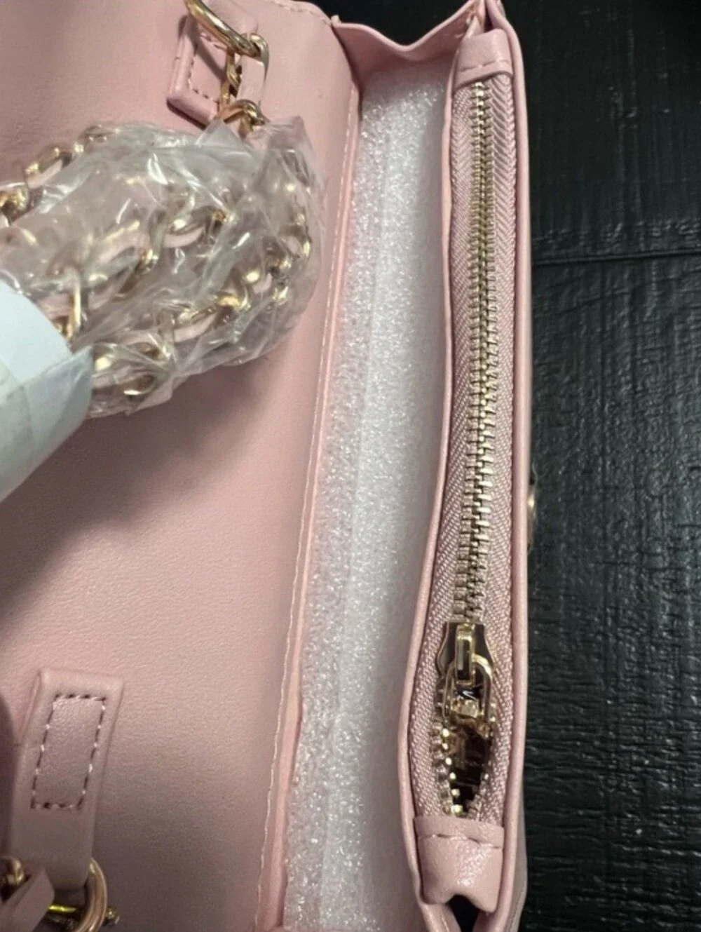 bebe Quilted Blush Crossbody Bag with Gold Chain Trim